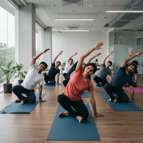 Landscape,Style,,Indian,Employees,,Diverse,Group,,Practicing,Yoga,Poses,,In Landscape,Style,,Indian,Employees,,Diverse,Group,,Practicing,Yoga,Poses,,In